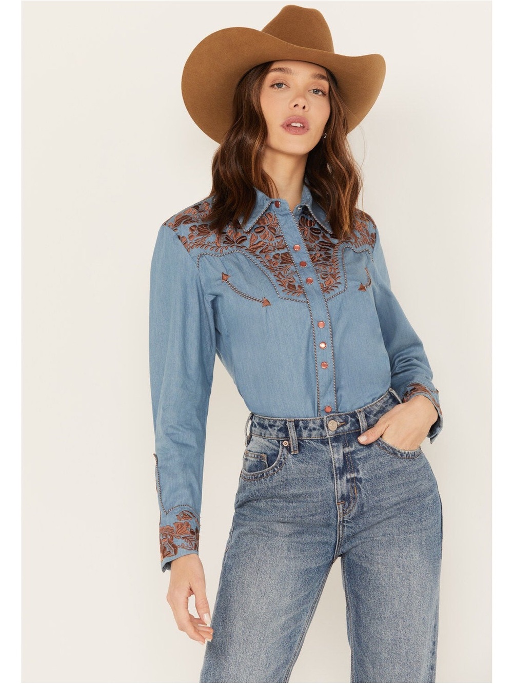 Scully Light Blue Chambray Western Shirt with Brown Embroidery